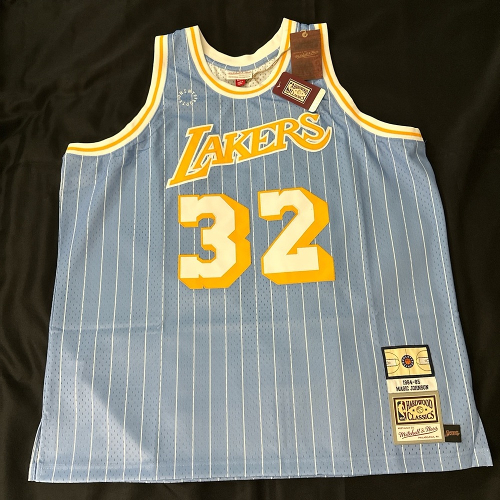 Lakers magic Johnson Hardwood Classics Pinstripe Jersey - Blue & Yellow